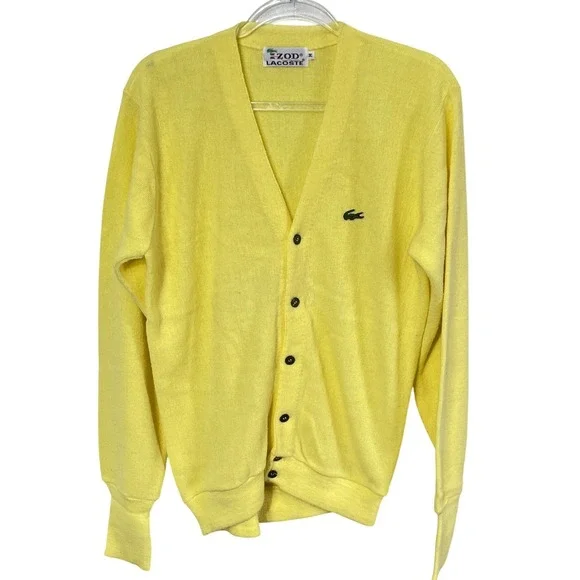 Izod Lacoste Cardigan Sweater Mens M Yellow Vintage V-Neck Crocodile Logo - Picture 1 of 5